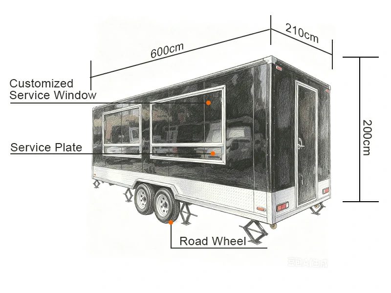 Black dual axle square food trailer Hand drawn