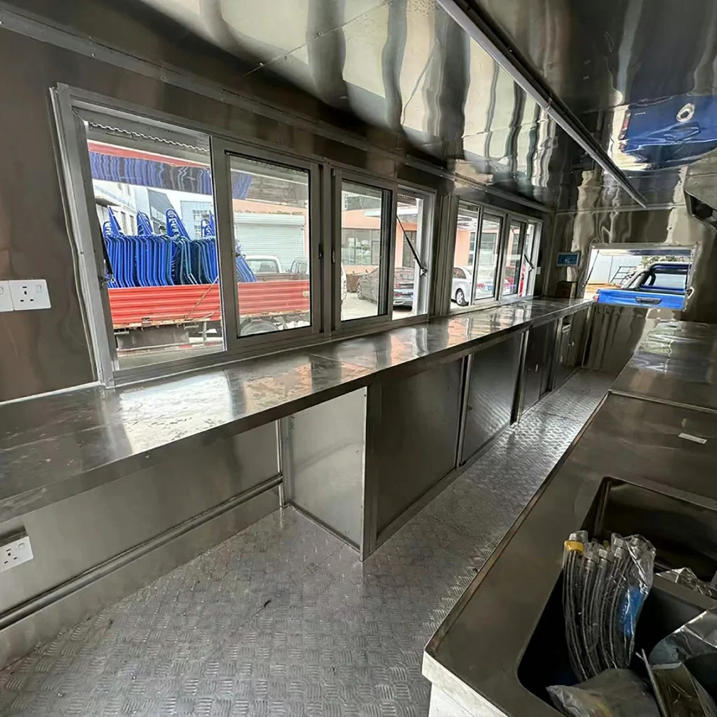 Black dual axle square food trailer Internal display
