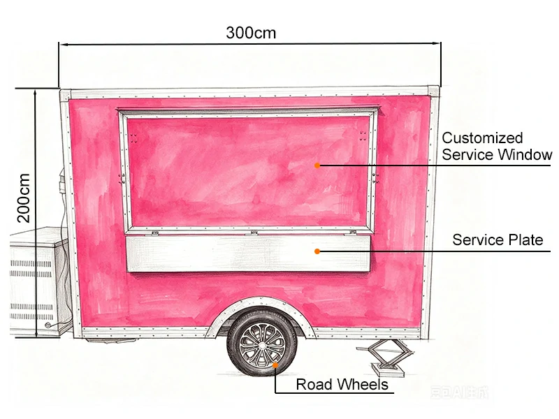 Hand drawn illustration of a pink square food trolley