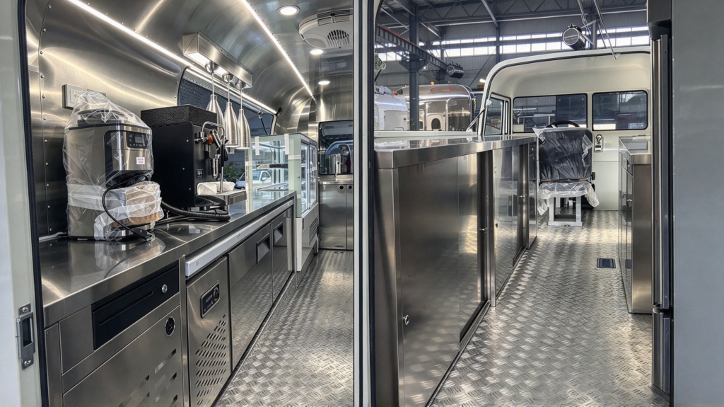 Interior of a custom trailer vs. interior of an electric food truck