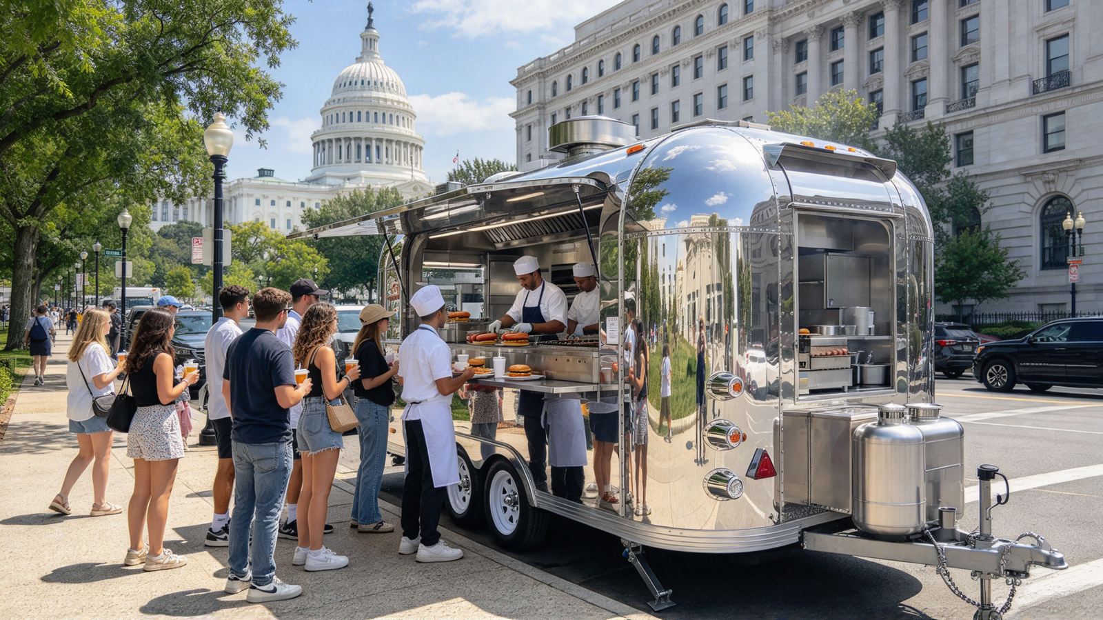 `Quality food trailers - Shiny stainless steel food trailer in Washington, serving burgers and hot dogs`
