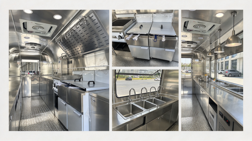 Quality food trailers: Full stainless steel interior kitchen of Airstream food trailer with cooking station, sinks and service window