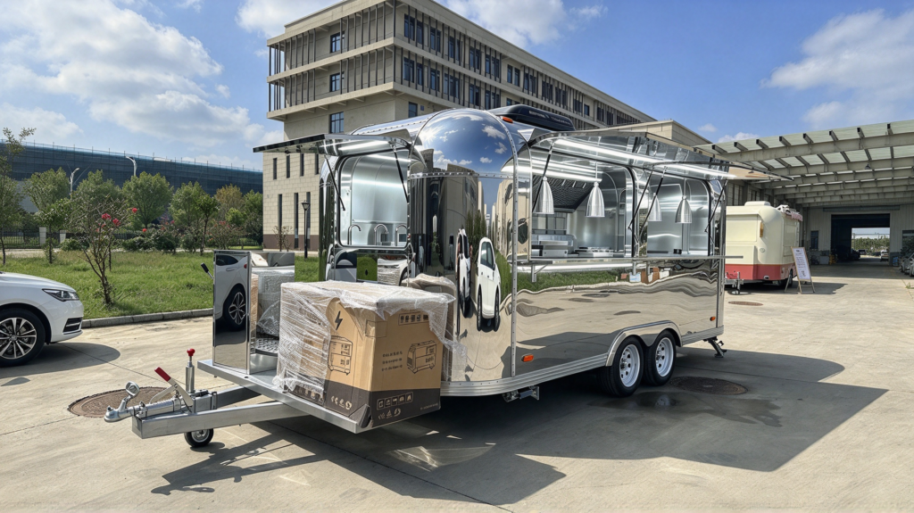 Quality food trailers: Mirror stainless steel food trailer with bright interior lighting