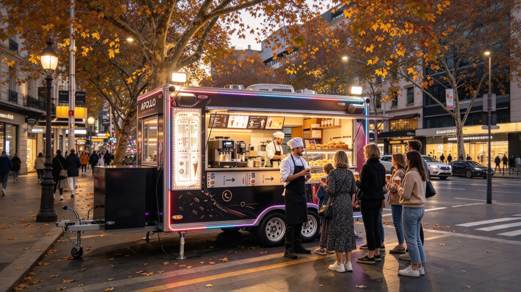 Apollo coffee ice cream food trailer on busy Australian city street in autumn, chef serving customers queuing for coffee, ice cream and pastries, warm interior lighting, double axle mobile food truck, commercial catering trailer for events
