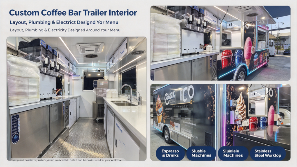 Custom coffee bar trailer interior photo collage, showing mobile coffee machine area, slushie machines, stainless steel worktop, plumbing system, serving window and electrical layout for mobile beverage business