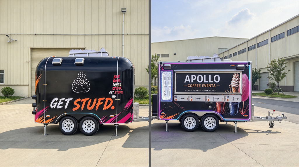 Round body vs square body mobile food trailer comparison, GET STUFD street food trailer and APOLLO coffee ice cream trailer displayed side by side in yellow factory area for product classification